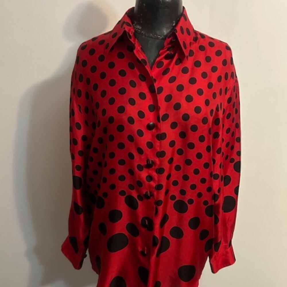 Mondi Vintage Red/Black Polka Dot Silk Hi-Lo button-down tunic, size 38